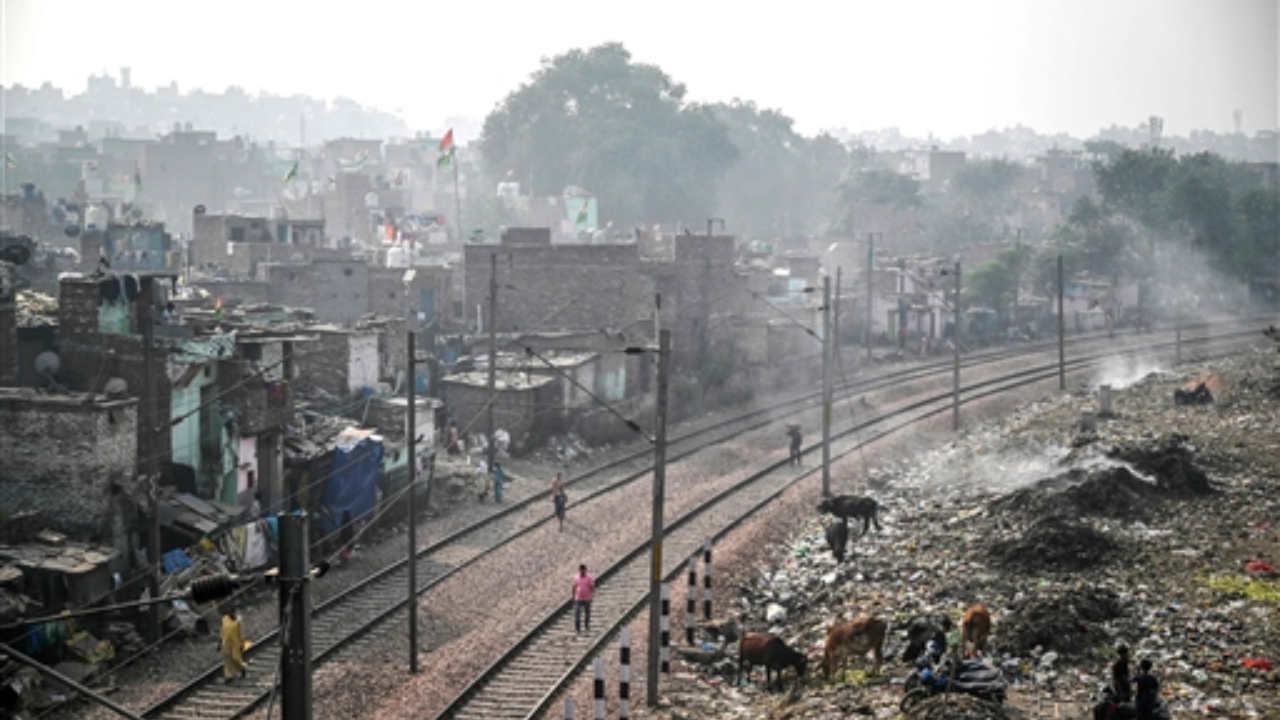 Residents walk past animals feeding on waste at a burning garbage dump, as smog engulfs a residential area along railway tracks in New Delhi