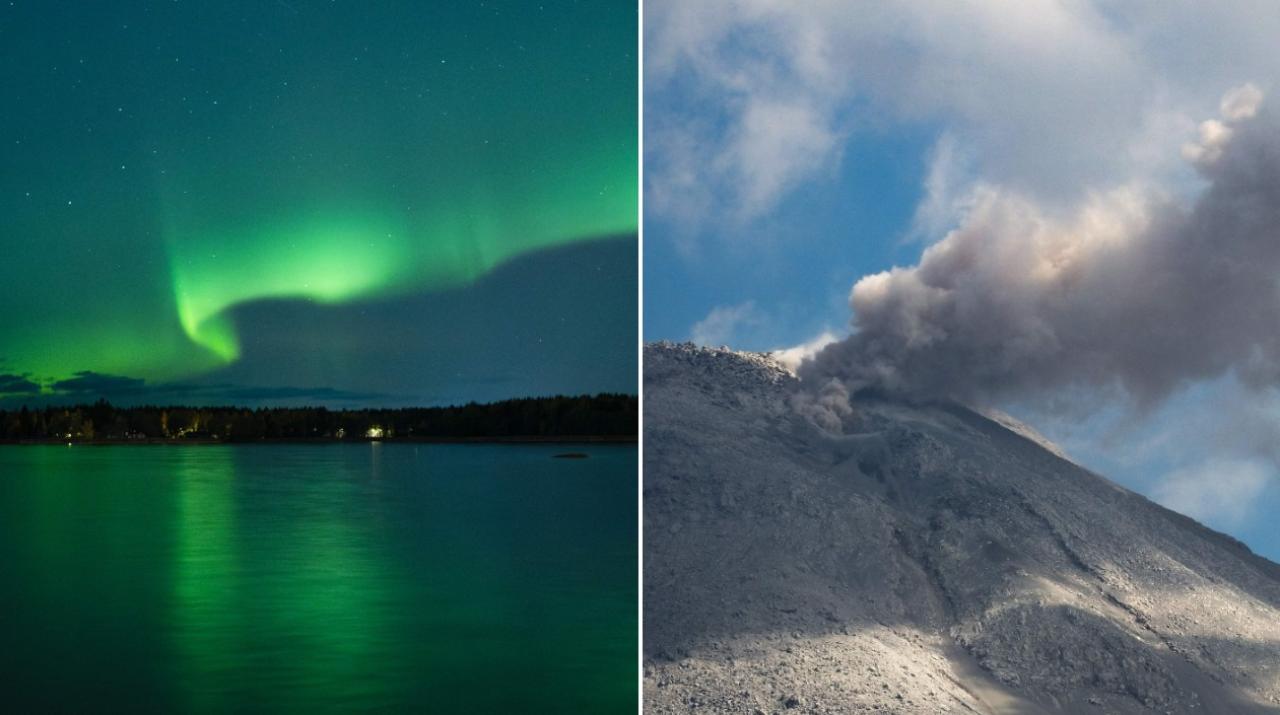 While the Northern lights showed up in parts of the world, the other part saw a volcanic eruption. Photos Courtesy: AFP