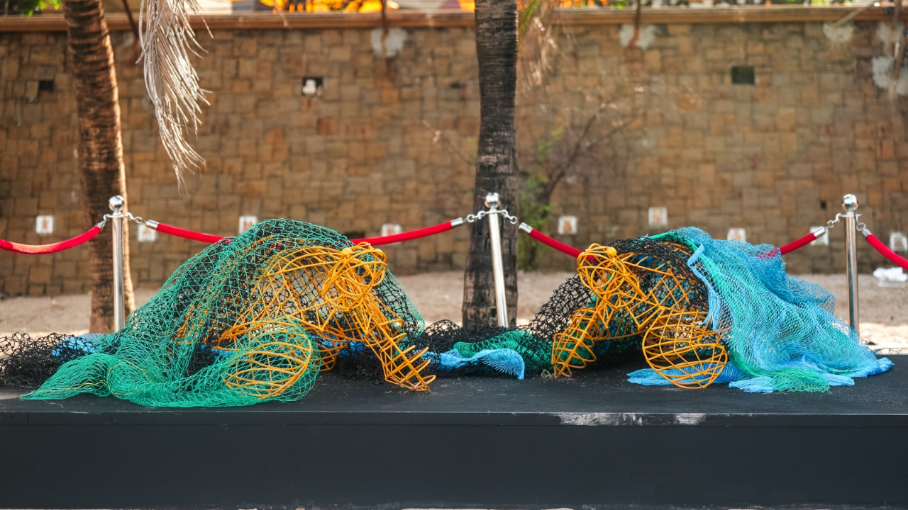 Then the focus shifts to marine life, with a simple yet evocative sculpture of Turtles trapped in nets and surrounded by waste, a representation of the challenges sea animals face.