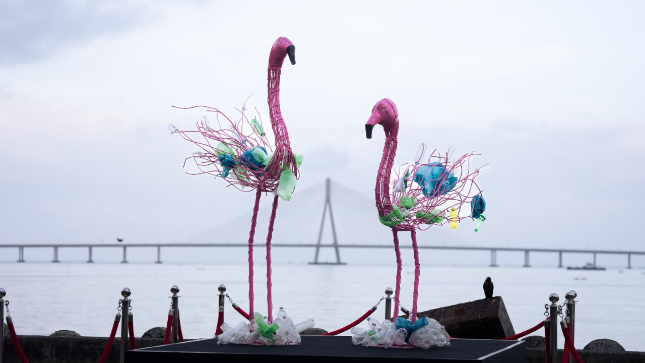 Another sculpture portrays two Flamingos entangled in plastic, symbolising the disruption to bird habitats caused by pollution.